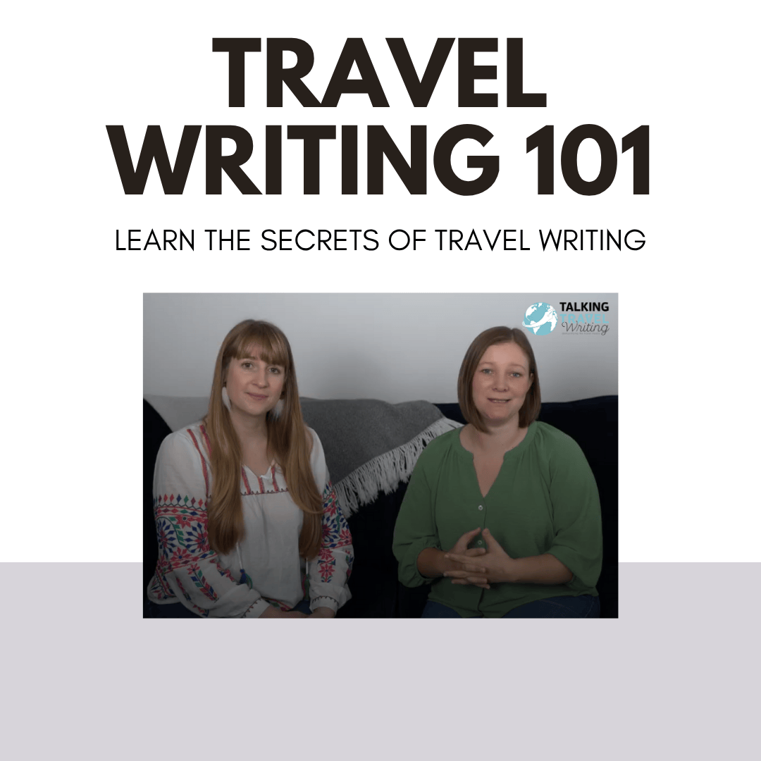 Image of two women sitting next to each other with the words "travel writing 101" above them